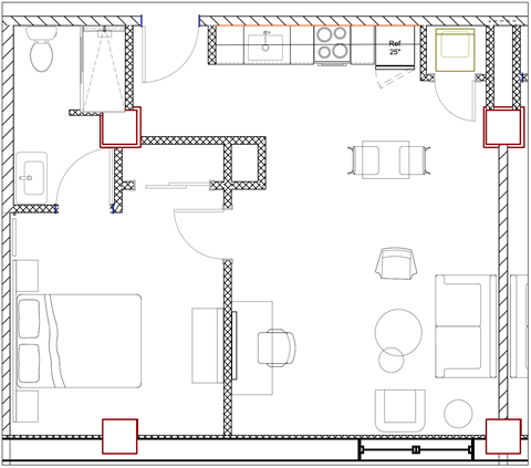 Floor plan for 1 bed, 1 bath, 575 sqft